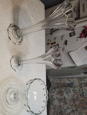 Clear Glass Trumpet Bud Vases and Scalloped Compote - Set of 3